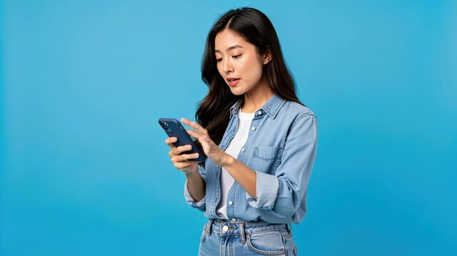 Young Asian Woman Texting on Smartphone: A focused young Asian woman, with long dark hair and a casual denim shirt, intently texts on her smartphone against a vibrant blue background.