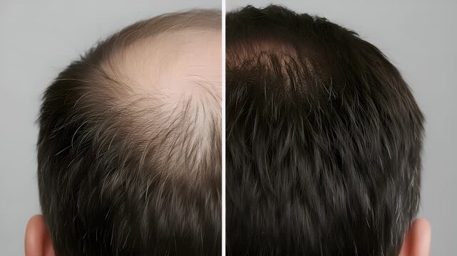 Comparison showing hair growth progress on a male head before and after medical treatment to restore thinning follicles and improve the overall density of scalp hair appearance today