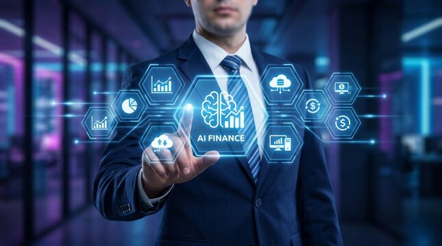 AI Finance technology interface, businessman using artificial intelligence for financial data analysis and banking