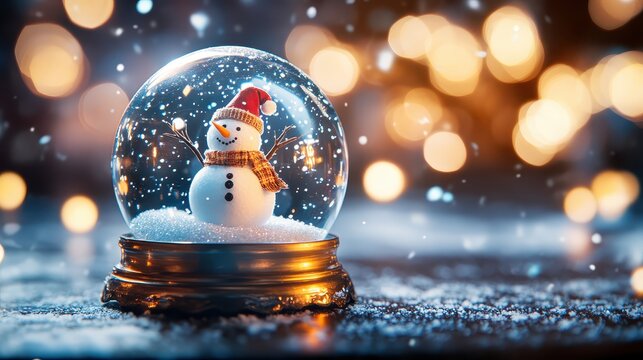 Charming Christmas Snowman Inside a Glowing Snow Globe with Warm Holiday Lights