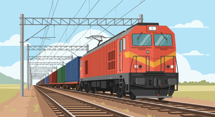 Obraz premium Powerful freight train carrying cargo along railway tracks, showcasing industrial transportation and logistics