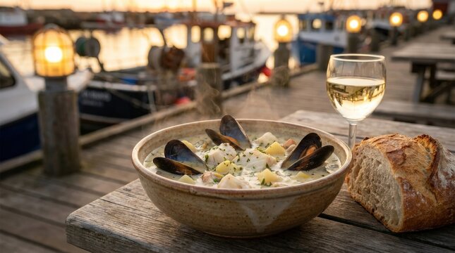 A steaming bowl of creamy New Zealand seafood chowder served with fresh mussels on a wooden harbor pier at sunset, complete with a glass of crisp white wine and rustic crusty bread for diners.