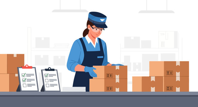 Automated warehouse quality control robot arm with camera inspecting products