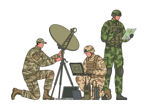 Military soldiers communicating tactical strategy using satellite equipment, field devices. Team camouflage, setting field operations, executing mission plans. Focused army personnel using map