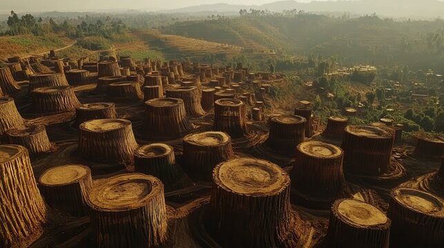 Devastated Landscape of Deforestation Showing Countless Tree Stumps After Intensive Logging Operation