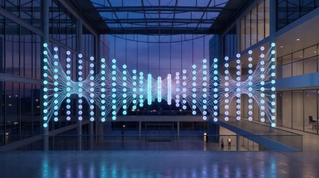 Glowing digital network nodes in modern glass corporate atrium for technology orchestration background, business header and abstract system connection