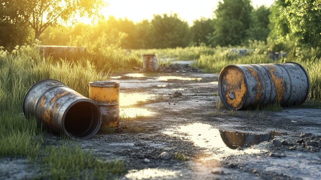 Discarded Hazardous Chemical Barrels in a Secluded Outdoor Area Under Late Afternoon Sunlight