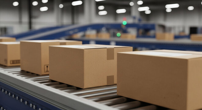 Cardboard boxes moving along an automated conveyor belt system inside a large distribution warehouse for efficient global package shipping logistics