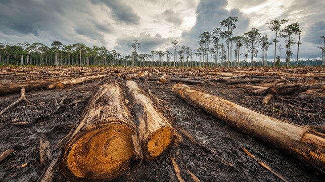 Deforested landscape with fallen logs under dramatic skies, highlighting the devastating impact of logging on the environment.