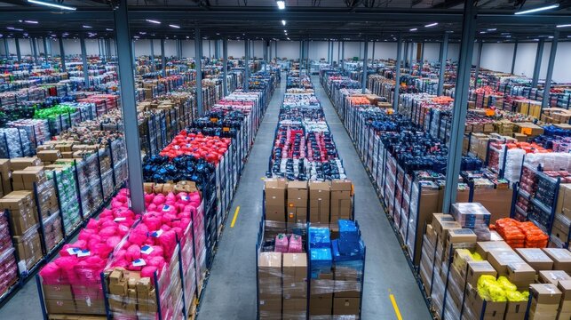 Expansive warehouse filled with diverse merchandise and stacked products, showcasing vast e-commerce logistics and inventory management.
