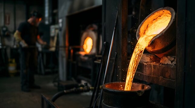 Molten metal pouring from furnace into crucible in industrial foundry