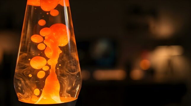 Orange lava lamp with floating wax bubbles glowing in a dark room