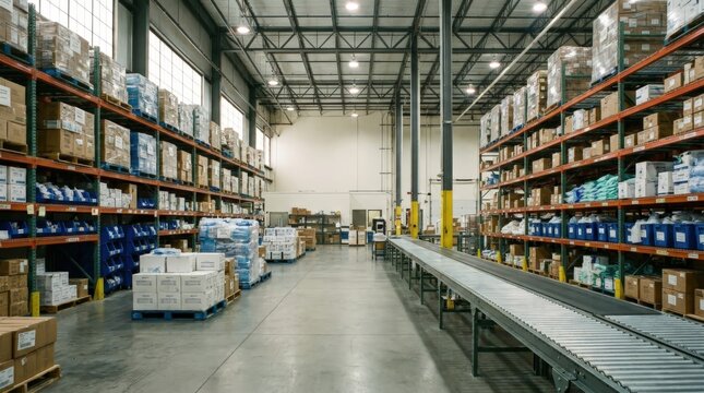 A panoramic view of a massive hospital central supply distribution center featuring tall floor shelves and an organized industrial conveyor system for efficient medical logistics and operations.