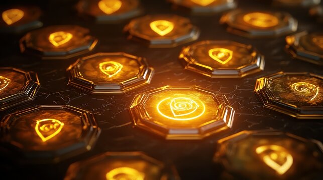 Glowing Golden Cybersecurity Shields with Abstract Digital Icons Representing Automated Threat Response Frameworks