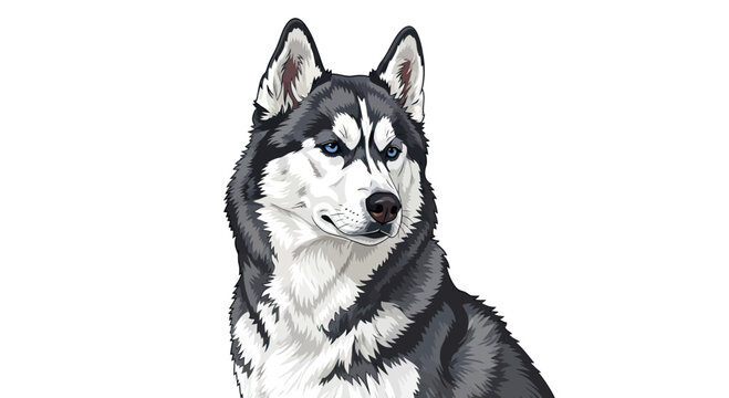 Siberian Husky Portrait, Blue Eyes, Black and White Fur, Isolated on White