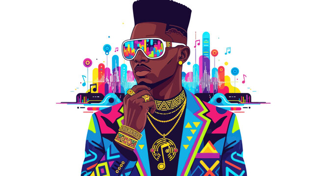 Vibrant Musician Portrait, Retro Style, Sunglasses, Colorful Outfit, Music Notes