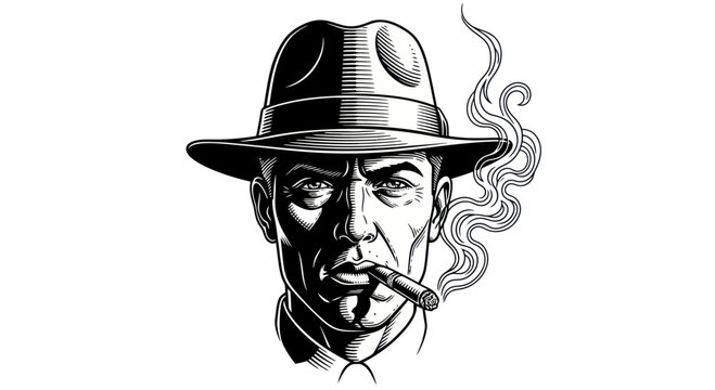Retro Detective Smoking Cigar, Noir Style, Man in Fedora Hat