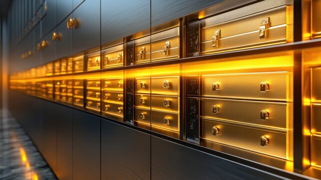 Gleaming gold safe deposit boxes glowing warmly within a secure, modern vault interior, offering premium protection and discreet storage of valuables.