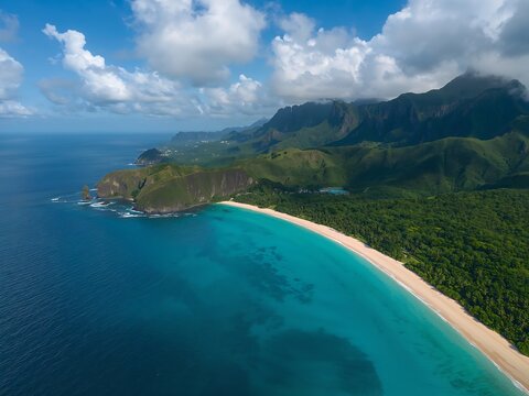 Generative AI captures a scenic aerial view of lush green coastal landscape with azure waters and