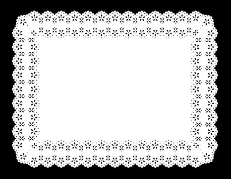 Vintage Eyelet Lace Doily Rectangle Place mat, white on black. Decorative scallop border and stencil, copy space for pictures, albums, scrapbooks, journals, holidays, setting table,  cake decorating. 