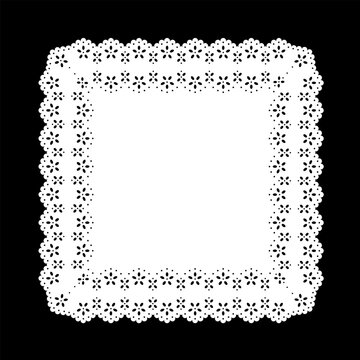 Vintage Eyelet Lace Doily Square Place mat, white on black. Decorative scallop border and stencil, copy space for pictures, albums, scrapbooks, journals, holidays, setting table,  cake decorating. 