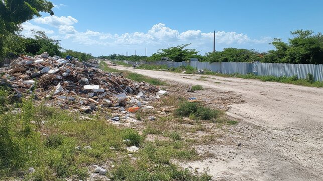 Illegal dump site with mixed materials and makeshift barriers in bright daylight