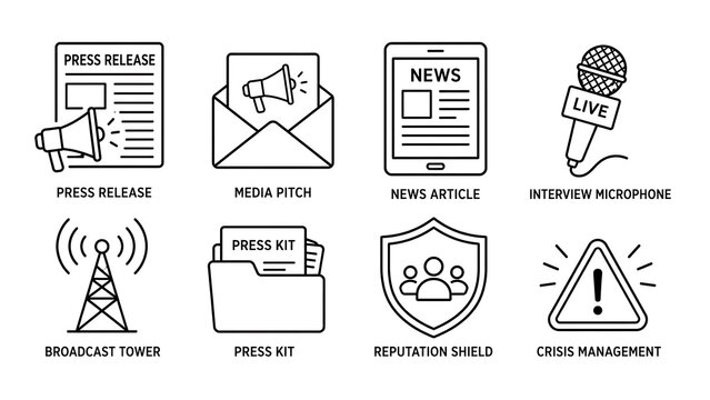 Public relations line icon set, 8 professional media and journalism symbols, press release and crisis management communication graphics isolated on White Background