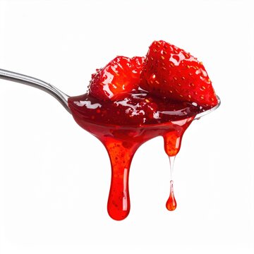 Isolated metal spoon holding fresh strawberry jam with pieces of ripe berry dripping down, sweet preserves, food ingredient photography