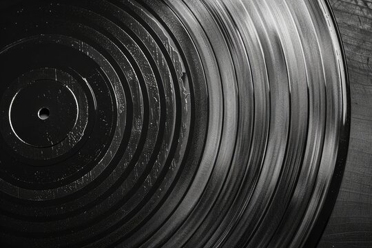 Spinning vinyl record, monochrome closeup on wood surface. Use Music, nostalgia
