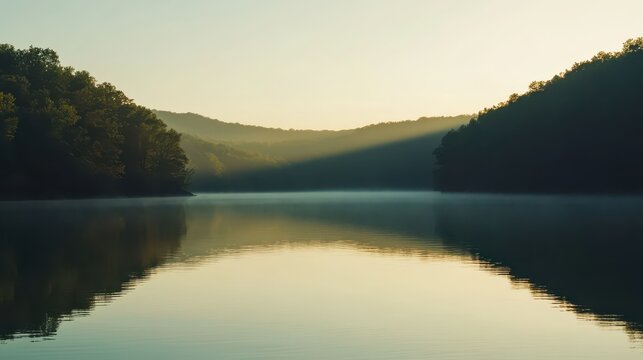 Peaceful lake reflecting misty hills at dawn during golden hour with serene natural light