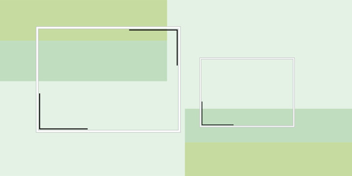 Abstract minimalist design with two white rectangular frames and dark corner accents on a split green background, creating a modern graphic.
