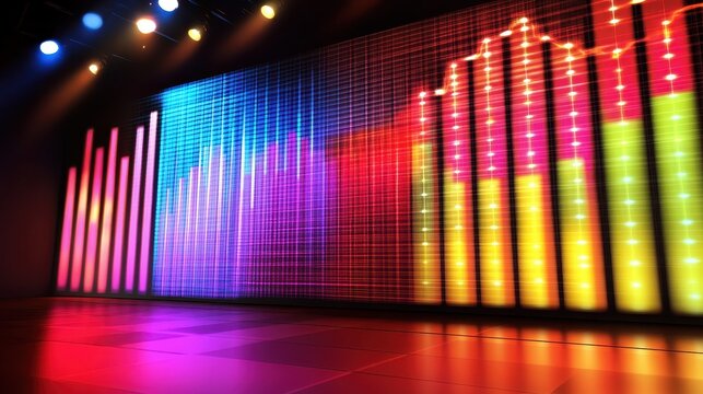 Vibrant audio visualizer display with colorful pulsing bars on a dark stage representing energetic music