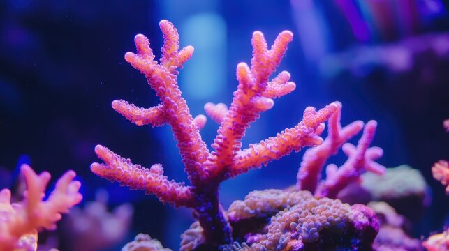 Vibrant branching coral teeming with aquatic life in a colorful underwater marine ecosystem