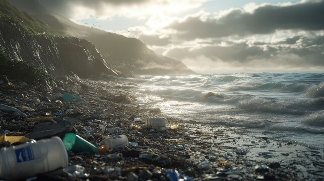 Oceanic pollution and marine debris marring a rugged shoreline with visible waste and troubled waters under a cloudy sky.