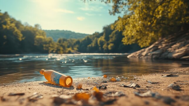 Plastic bottle waste pollutes the scenic river bend under bright midday sun, highlighting environmental concerns.