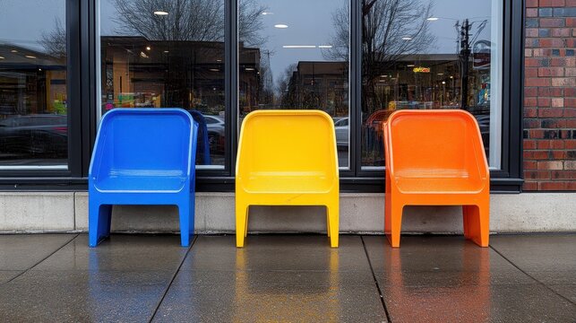 Three brightly colored recycling bins and chairs lined up outside a retail store with reflections in the glass window