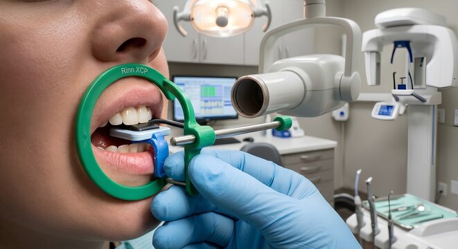 Dentist using the long cone paralleling technique to take a periapical x-ray of a patient's teeth, with the x-ray tube head positioned extraorally and sensor or film intraorally