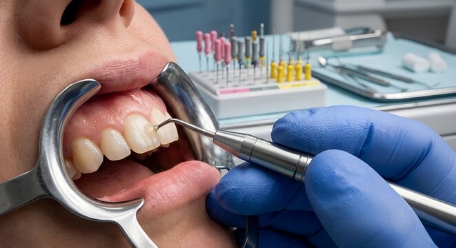 Close-up dental clinical image of an electric pulp tester tip contacting a molar tooth, lip retracted, perfect for root canal therapy, dental trauma, and pulpitis diagnosis