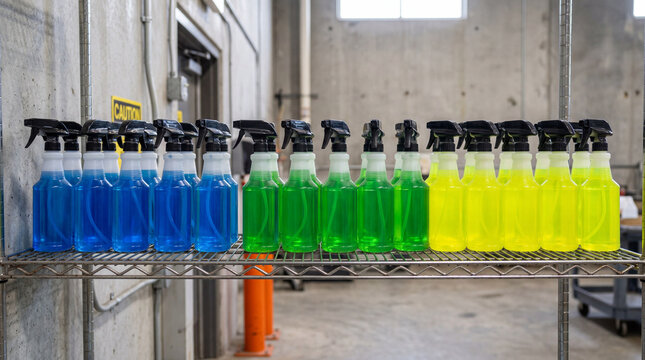 Neat row of commercial spray bottles filled up with vibrant chemical cleaning liquids sorted carefully.