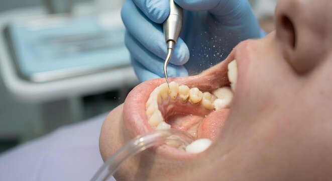 Dentist or dental hygienist using an ultrasonic scaler to remove calculus (tartar) and plaque from a patient's teeth, with water spray visible, representing professional dental cleaning