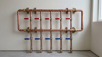 Fototapeta premium Symmetrical copper pipe manifold system fitted with bright red and blue industrial lever valve handles