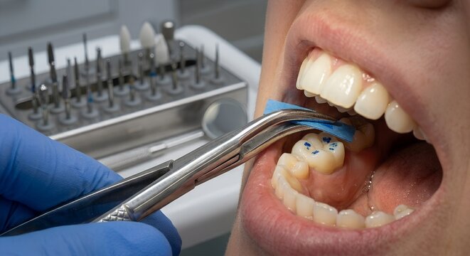 Dentist using blue articulating paper with forceps to check high spots on a freshly placed tooth-colored filling or crown, perfect for dental clinic content and restorative dentistry