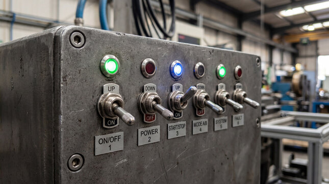 A sequence of industrial metal toggle switches and LED status indicator lights mounted on panels