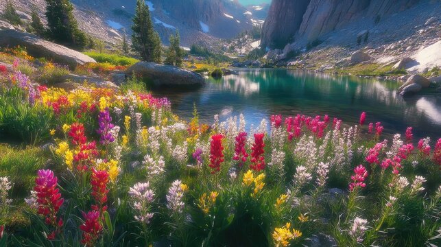 Vibrant wildflowers bloom along the tranquil shore of a mountain lake, a scenic alpine vista bathed in sunlight.