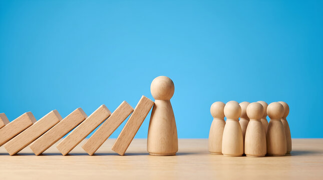 Strategic leader preventing a corporate crisis, stopping a chain of falling dominoes to protect a team from collapse, symbolizing resilience and effective business management