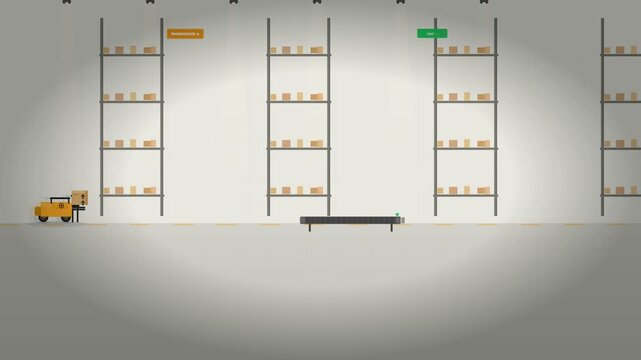 A 2D flat design animation showing an automated forklift moving logistics boxes onto a conveyor belt inside a storage warehouse.