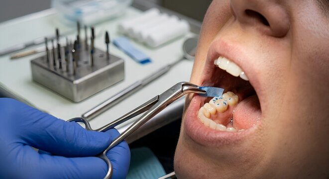 Macro close-up of a dentist's hand holding blue articulating paper forceps, marking the occlusal surface of a new dental restoration, representing bite adjustment and occlusal contact analysis