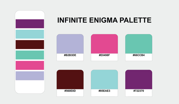 Professional Infinite Enigma color palette featuring a structured grid of six rounded rectangular swatches with hex codes designed for brand identity and modern graphic design.