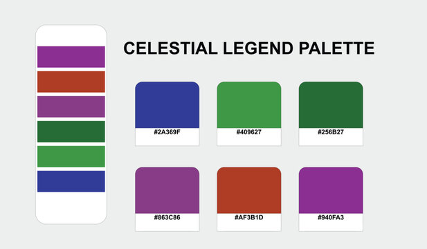 Celestial Legend color palette presents a professional designer color swatch set featuring mystical hex color codes for modern branding projects and creative digital art.
