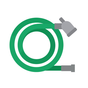 Flat vector illustration of a green garden hose with spray nozzle.